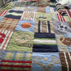 Pottery Barn Kids  Sports Patchwork Quilt - Blue, Green, Red, Tan